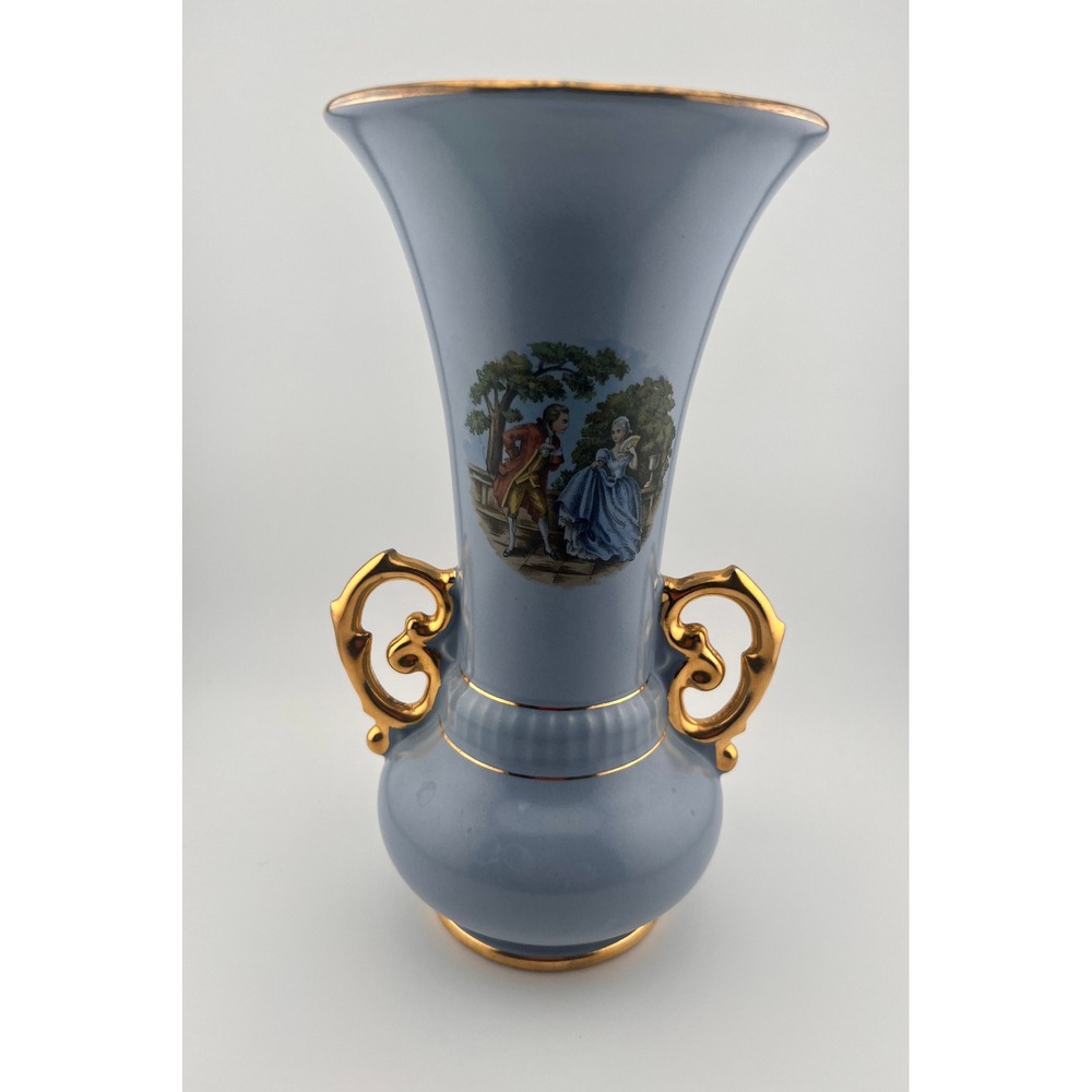 Vintage 1940s Abingdon 520 Baden Vase Blue Gold Courting Couple USA 9"